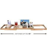 HiCollie Craft Natural Bamboo Bathtub Caddy /Bath Tub Tray Organizer with Adjustable Sides Expand to 43" Stainless Steel Book Holder Acrylic Dam-board Phone Slots Glass Holder