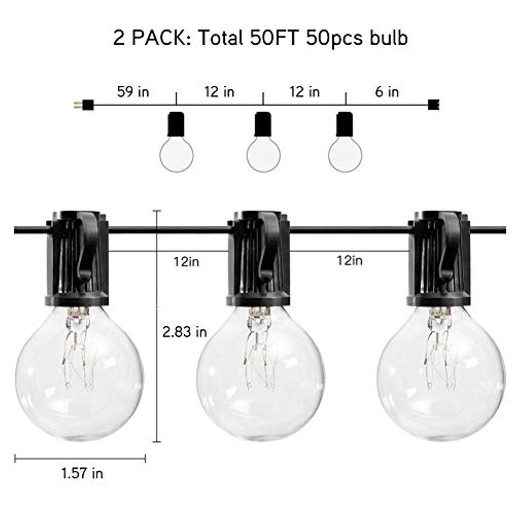 (2 Pack) 25Ft Outdoor Patio String Lights with 25 Clear Globe G40 Bulbs and 1 Spare Bulb, UL listed Hanging Indoor/Outdoor String Lights, Perfect for Backyard Porch Garden Market(52 Bulbs 50FT)