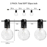(2 Pack) 25Ft Outdoor Patio String Lights with 25 Clear Globe G40 Bulbs and 1 Spare Bulb, UL listed Hanging Indoor/Outdoor String Lights, Perfect for Backyard Porch Garden Market(52 Bulbs 50FT)