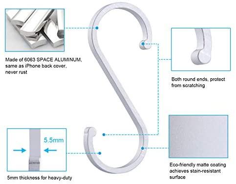 ACMETOP S Hooks, 12 Pack Aluminum S Shaped Hooks, Matte Finish S Hooks for Hanging Pots and Pans, Plants, Coffee Cups, Clothes, Towels in Kitchen, Bedroom, Bathroom, Office and Garden(Matte Silver)