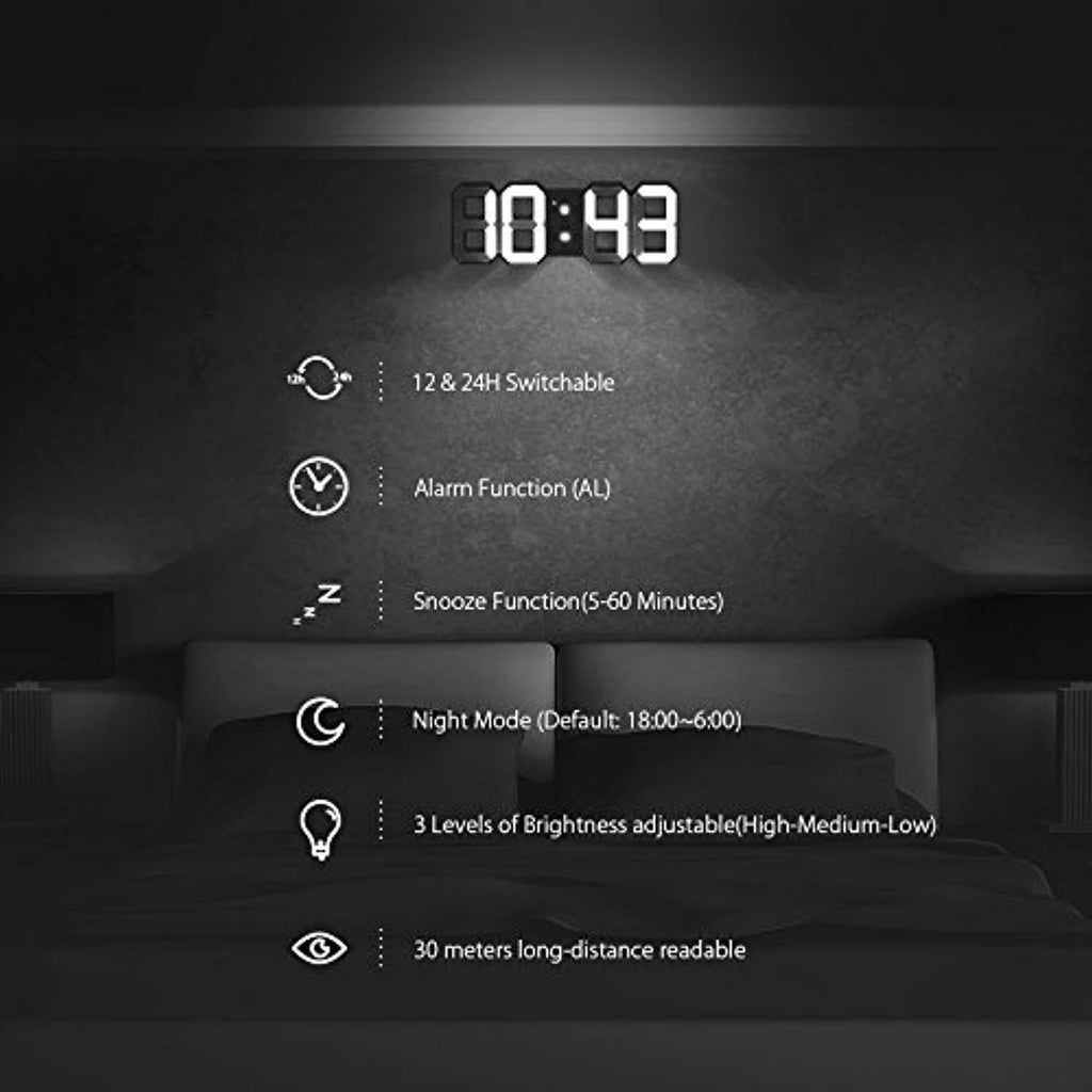 DIGOO DC-K3 3D Digital Alarm Clock, Wall Alarm clock, Led Electronic Clock With Snooze Function, 54 LED Light Beads Display,12/24 Hour Display,Adjustable Brightness,White