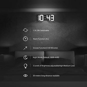 DIGOO DC-K3 3D Digital Alarm Clock, Wall Alarm clock, Led Electronic Clock With Snooze Function, 54 LED Light Beads Display,12/24 Hour Display,Adjustable Brightness,White