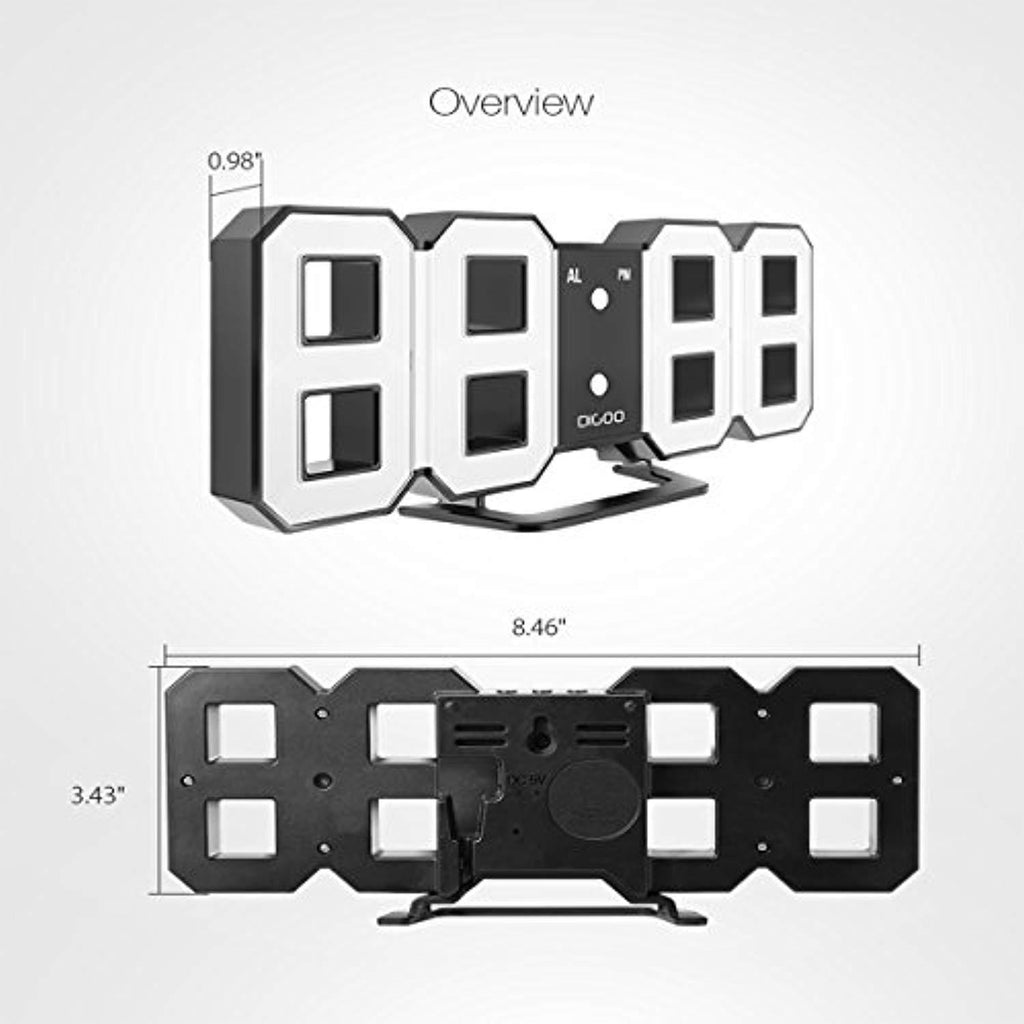 DIGOO DC-K3 3D Digital Alarm Clock, Wall Alarm clock, Led Electronic Clock With Snooze Function, 54 LED Light Beads Display,12/24 Hour Display,Adjustable Brightness,White