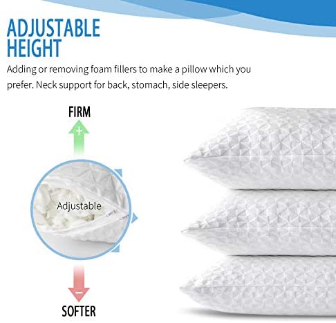 Adjustable Shredded Memory Foam Pillows for Sleeping (2 Pack), Bamboo Cooling Bed Pillows Neck Support for Back, Stomach, Side Sleepers-Queen Size by SORMAG