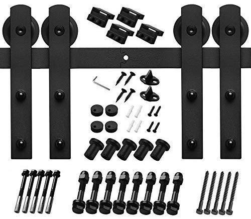 HomLux 8ft Heavy Duty Sturdy Sliding Barn Door Hardware Kit, Double Door-Smoothly and Quietly, Easy to Install and Reusable - Fit 1 3/8-1 3/4" Thickness & 24" Wide Door Panel, Black(I Shape Hanger)