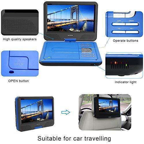 WONNIE 12.5 Inch Portable DVD Player, 10.5" Swivel Screen, 4 Hour Rechargeable Battery, USB / SD Slot (RED)