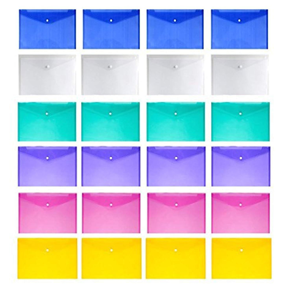 JUSLIN Poly Envelope Folder with Snap Button Closure, 24PCS Waterproof Transparent Project Envelope Folder, A4 Letter Size