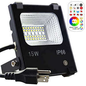 MELPO 15W LED Flood Light Outdoor, Color Changing RGB Floodlight with Remote, 120 RGB Colors, Warm White to Daylight Tunable, IP66 Waterproof, US 3-Plug
