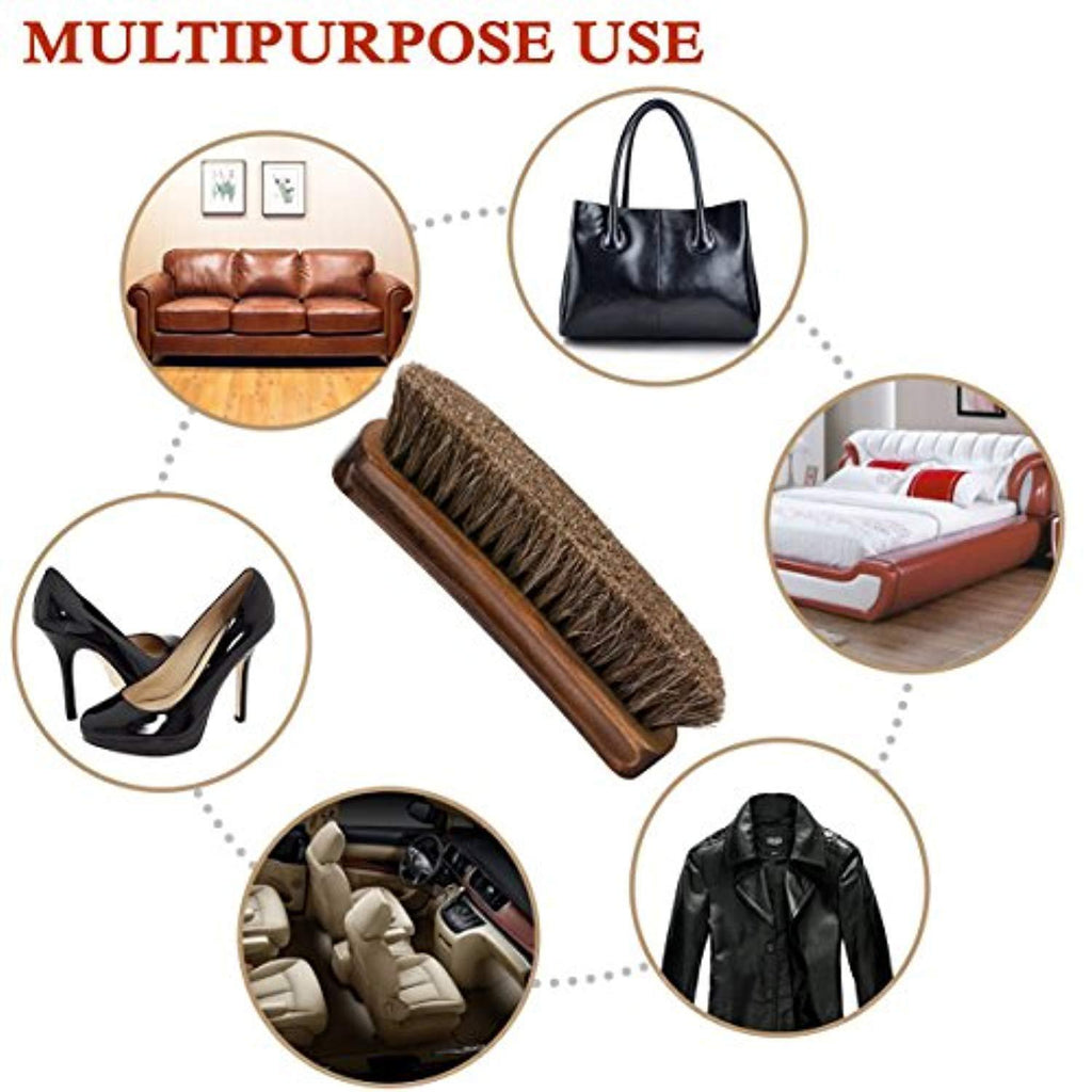 TAKAVU 6.7" Horsehair Shoe Shine Brush - 100% Soft Genuine Horse Hair Bristles - Unique Concave Design Wood Handle - Comfortable Grip, Anti Slip - for Boots, Shoes & Other Leather Care (#1)