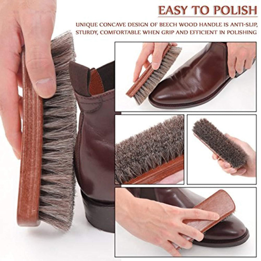 TAKAVU 6.7" Horsehair Shoe Shine Brush - 100% Soft Genuine Horse Hair Bristles - Unique Concave Design Wood Handle - Comfortable Grip, Anti Slip - for Boots, Shoes & Other Leather Care (#1)