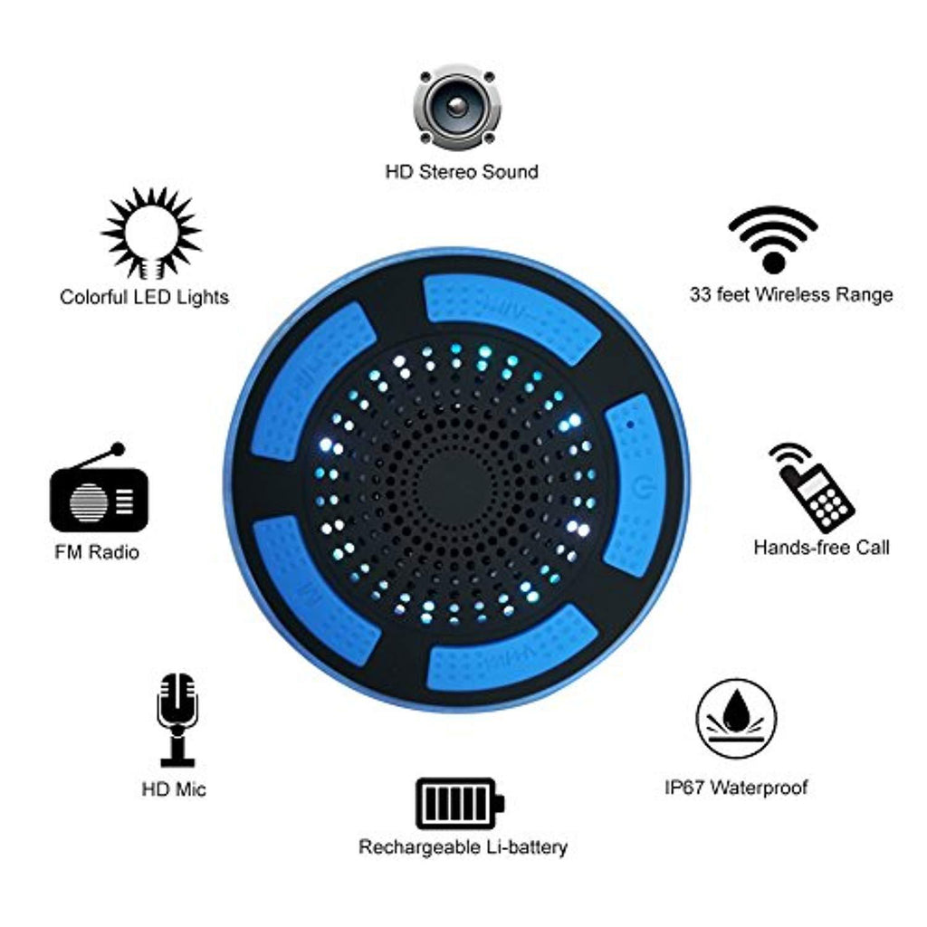 Portable Shower Radio, IP67 Waterproof Wireless Bluetooth Shower Speaker 4.0 for Pool with HD Sound & Bass, Built-in Mic, FM Radio and Colored LED Lights