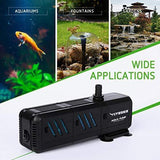 VIVOSUN 800GPH Submersible Pump(3000L/H, 24W), Ultra Quiet Water Pump with 10ft High Lift, Fountain Pump with 5ft Power Cord, 3 Nozzles for Fish Tank, Pond, Aquarium, Statuary, Hydroponics