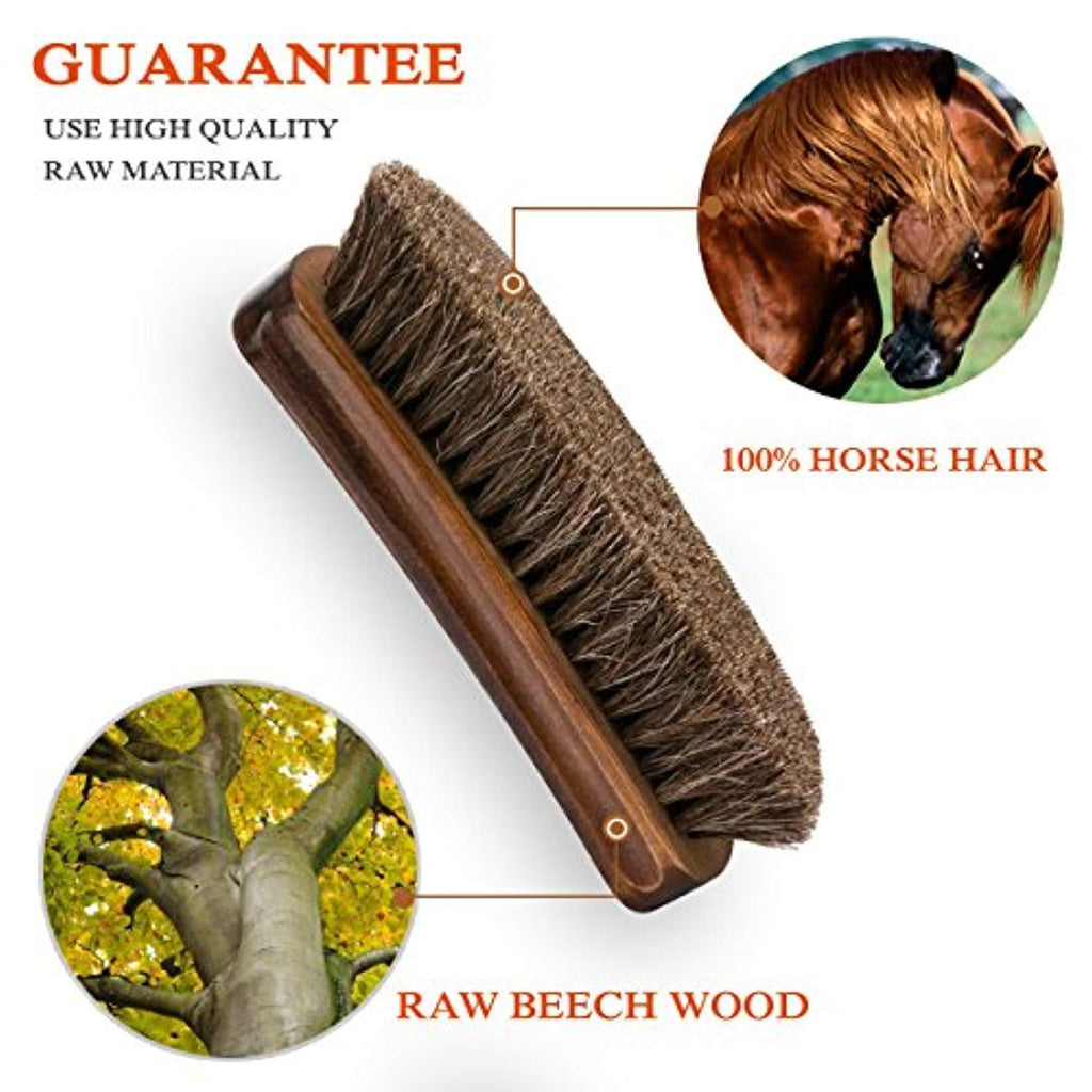 TAKAVU 6.7" Horsehair Shoe Shine Brush - 100% Soft Genuine Horse Hair Bristles - Unique Concave Design Wood Handle - Comfortable Grip, Anti Slip - for Boots, Shoes & Other Leather Care (#1)