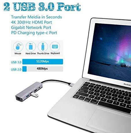 USB-C Multi-Port Adapter with 4K HDMI, Gigabit Ethernet, 2 USB 3.0, USB C Hub, Type-C PD Charging Dock for MacBook pro 13/15 2018,2017,2016,MacBook Air 2018,iPad pro 2018(Thunderbolt 3) Dongle