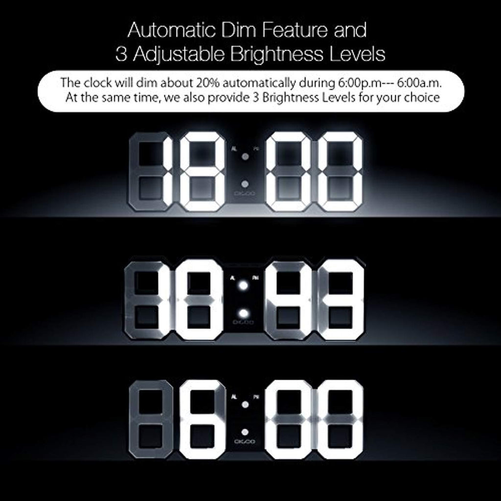 DIGOO DC-K3 3D Digital Alarm Clock, Wall Alarm clock, Led Electronic Clock With Snooze Function, 54 LED Light Beads Display,12/24 Hour Display,Adjustable Brightness,White
