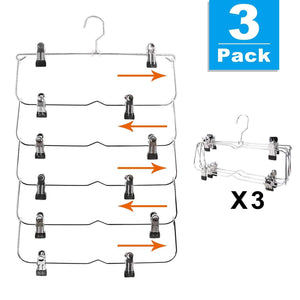 6-Tier Skirt Hangers,Space Saving Pants Hangers Sturdy Multi-Purpose Stainless Steel Pants Jeans Slack Skirt Hangers with Clips Non-Slip Closet Storage Organizer(3pack
