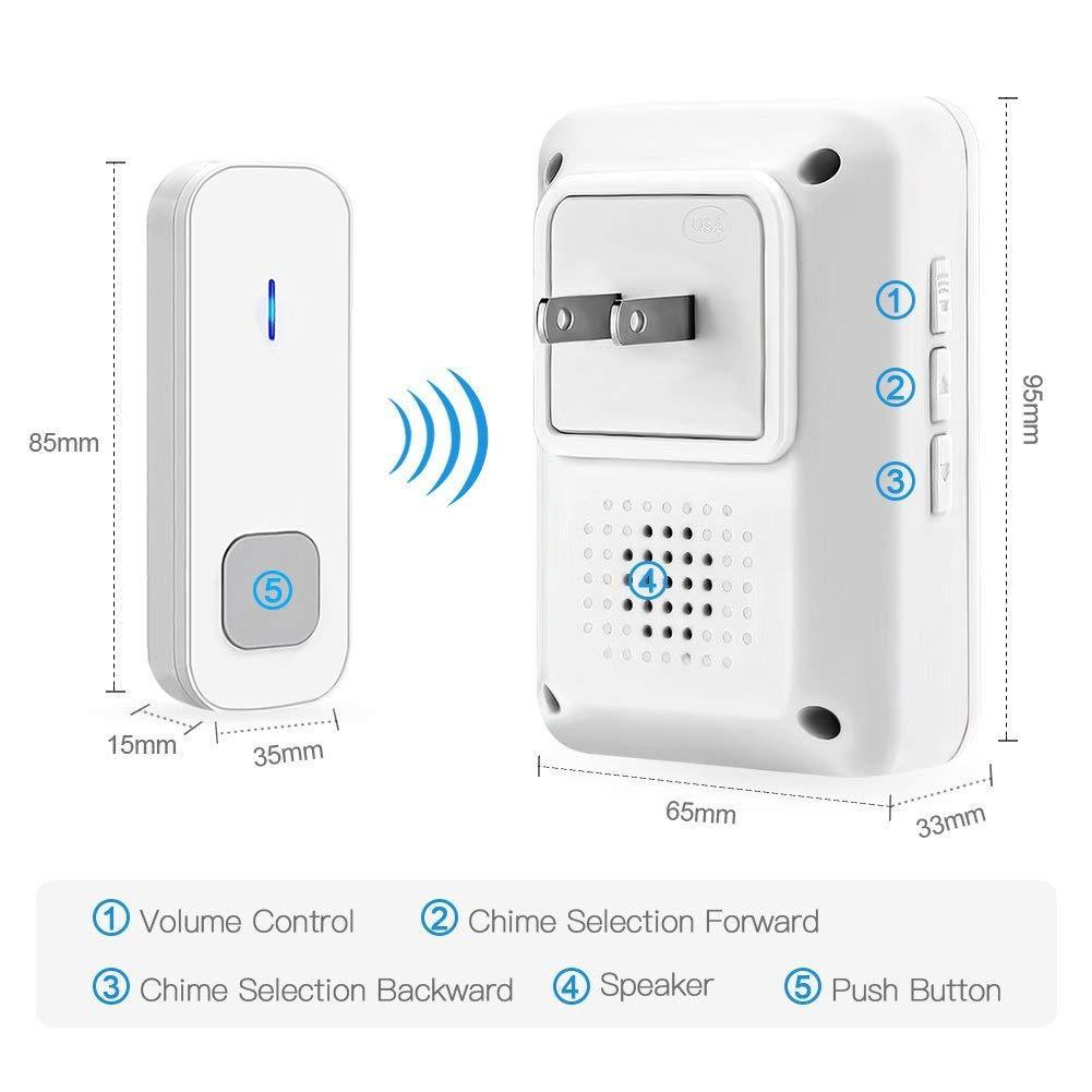 Wireless Doorbell ,Waterproof Door Chime Kit with 1 Push Button,1 Plug-in Receiver,55 Melodies ,5 Level Volume,Night Light and LED Indicator Operating at 1000ft for Home Office