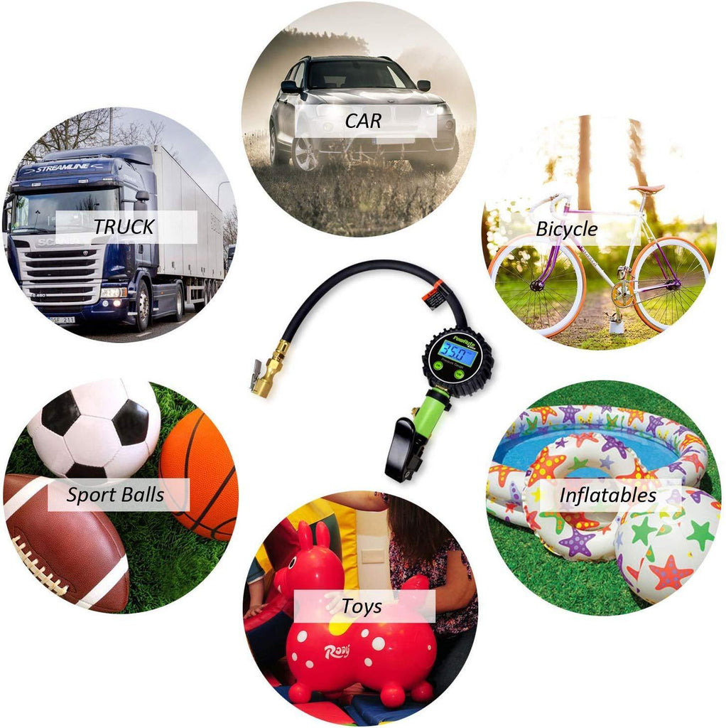 PowRyte Elite Tire Inflator with 250 PSI 0.1% High Accuracy Digital Tire Pressure Gauge and 12 Piece Accessoires Including 3 Piece Air Chucks,Green