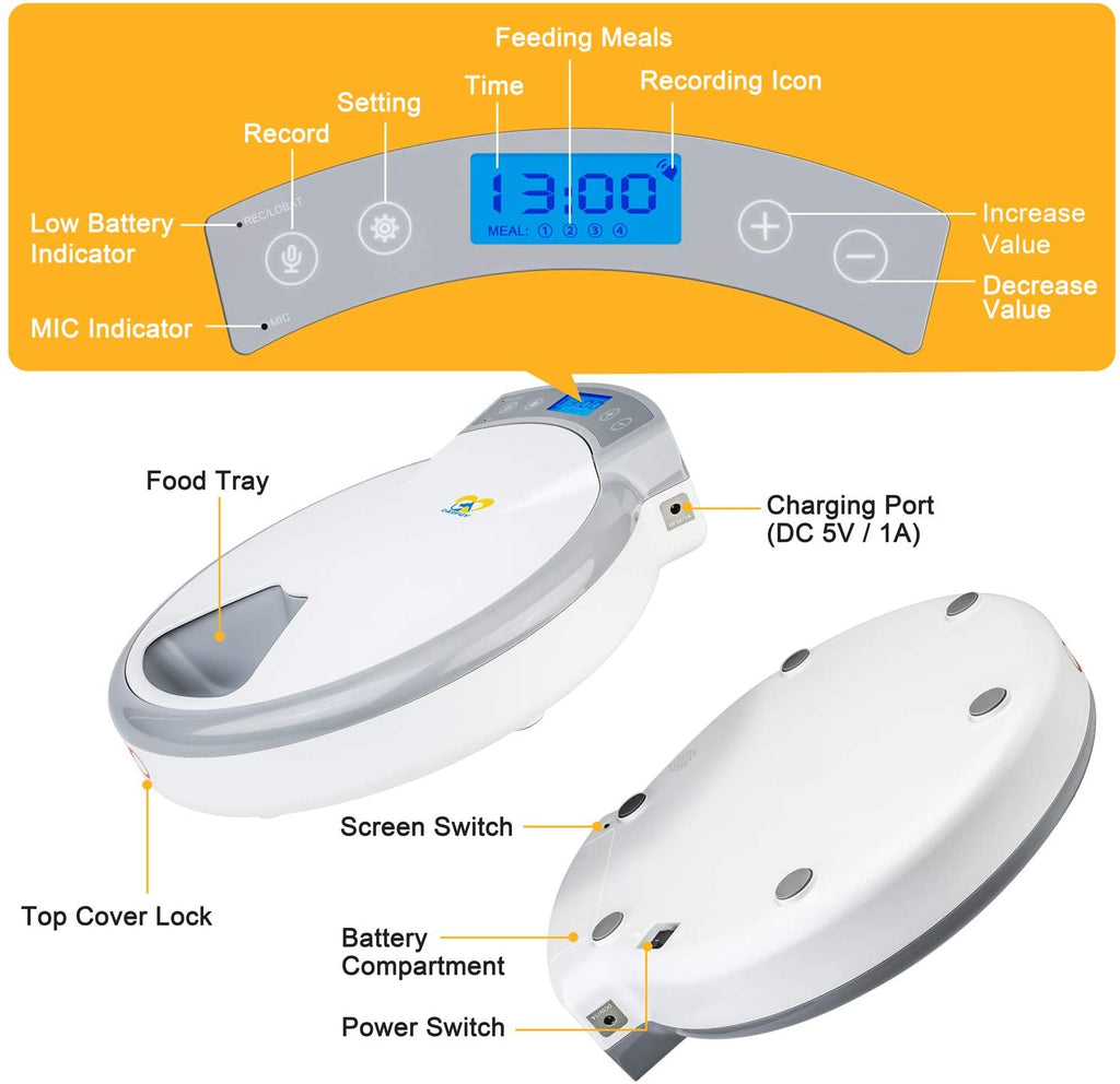Casfuy 5-meals Automatic Cat Feeder - Auto Pet Feeder with Programmable Timer Dry and Wet Food Dispenser Voice Recorder & Speaker