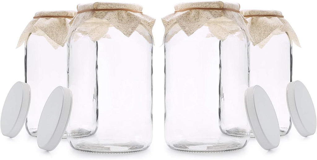 4 Pack - 1 Gallon Glass Jar w/Plastic Airtight Lid, Muslin Cloth, Rubber Band - Wide Mouth Easy Clean - BPA Free & Dishwasher Safe - Kombucha, Kefir, Canning, Sun Tea, Fermentation, Food Storage
