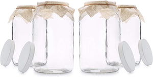 4 Pack - 1 Gallon Glass Jar w/Plastic Airtight Lid, Muslin Cloth, Rubber Band - Wide Mouth Easy Clean - BPA Free & Dishwasher Safe - Kombucha, Kefir, Canning, Sun Tea, Fermentation, Food Storage
