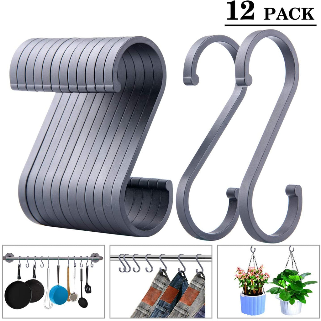 ACMETOP S Hooks, 12 Pack Aluminum S Shaped Hooks, Matte Finish S Hooks for Hanging Pots and Pans, Plants, Coffee Cups, Clothes, Towels in Kitchen, Bedroom, Bathroom, Office and Garden(Matte Silver)