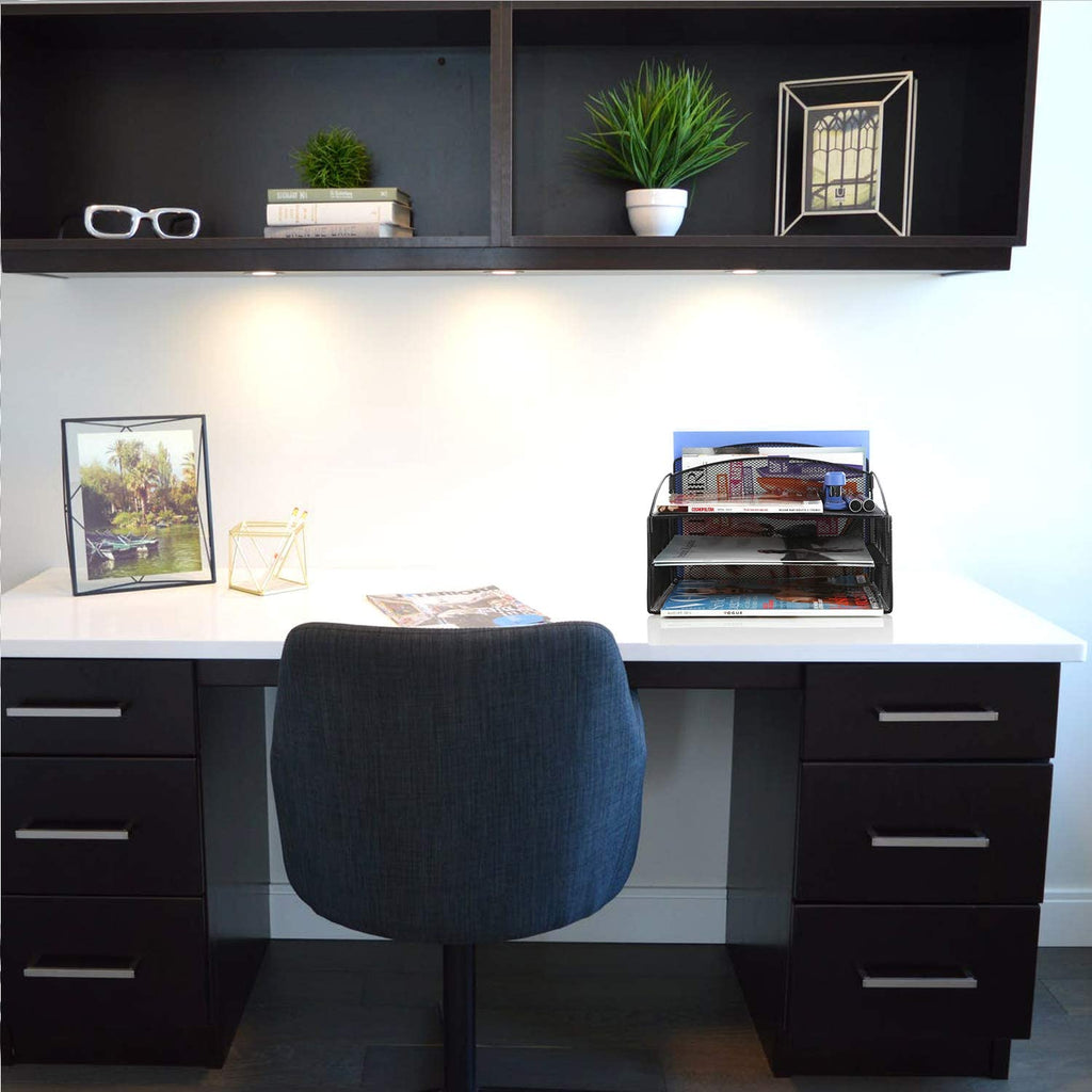 Veesun Desk Organizer,Mesh Desktop File Organizer Letter Paper Tray Holder with 2 Vertical Upright Section and 3 Deep Trays, Black.