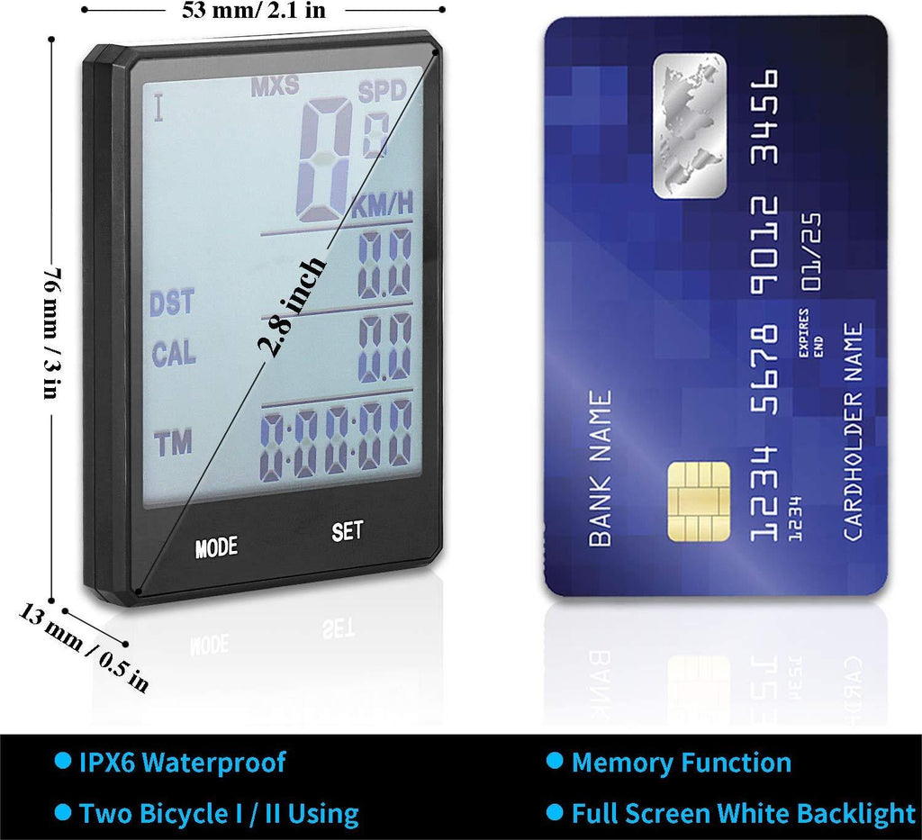 Wireless Bike Computer, Bicycle Speedometer with 2.8 Inch LCD, White Backlight, IPX6 Water Resistant Odometer Cycling Accessories