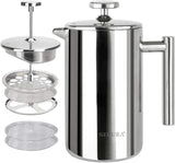 Secura French Press Coffee Maker, 304 Grade Stainless Steel Insulated Coffee Press with 2 Extra Screens, 34oz (1 Litre), Silver