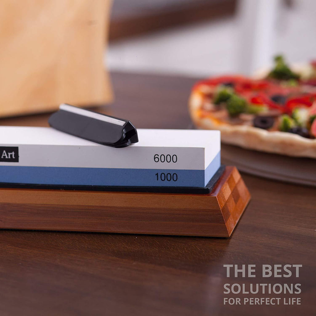 Whetstone Knife Sharpener - Knife Sharpening Stone - Waterstone 1000-6000 Grit with Non-Slip Bamboo Base and Angle Guide - Best Wet Stone Kitchen Knives Sharpening Kit