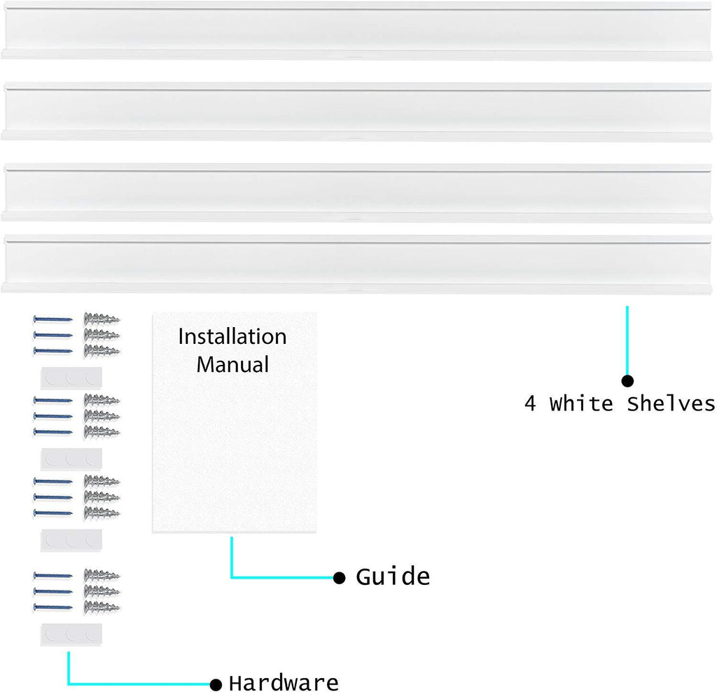 Wallniture Denver Set of 4 White 46 Inch Floating Shelf Bookshelves & Display Bookcase: Modern Wood Shelving Units for Kids Bedrooms & Nurseries - Wall Mounted Storage Shelves