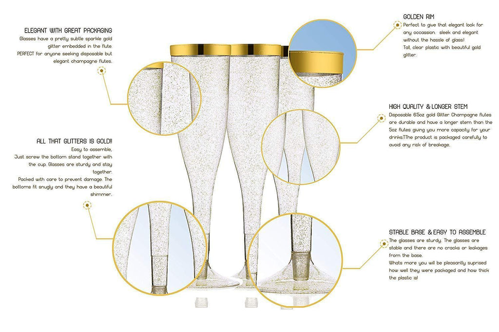 50 Gold Rimmed Sparkle Plastic Champagne Flutes, Gold Glitter, 6.5 Oz Reusable Heavy Duty Wine Glass, Clear Plastic Toasting Glasses, Disposable Plastic Wine Glasses, cups for Bachelorette Party.