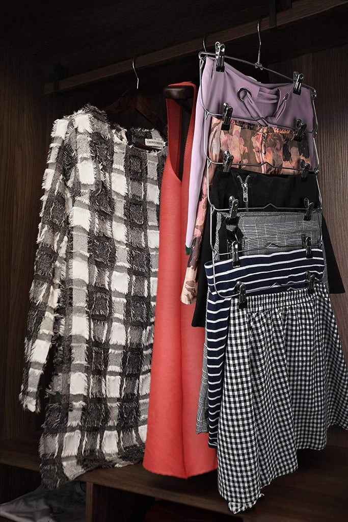 6-Tier Skirt Hangers,Space Saving Pants Hangers Sturdy Multi-Purpose Stainless Steel Pants Jeans Slack Skirt Hangers with Clips Non-Slip Closet Storage Organizer(3pack