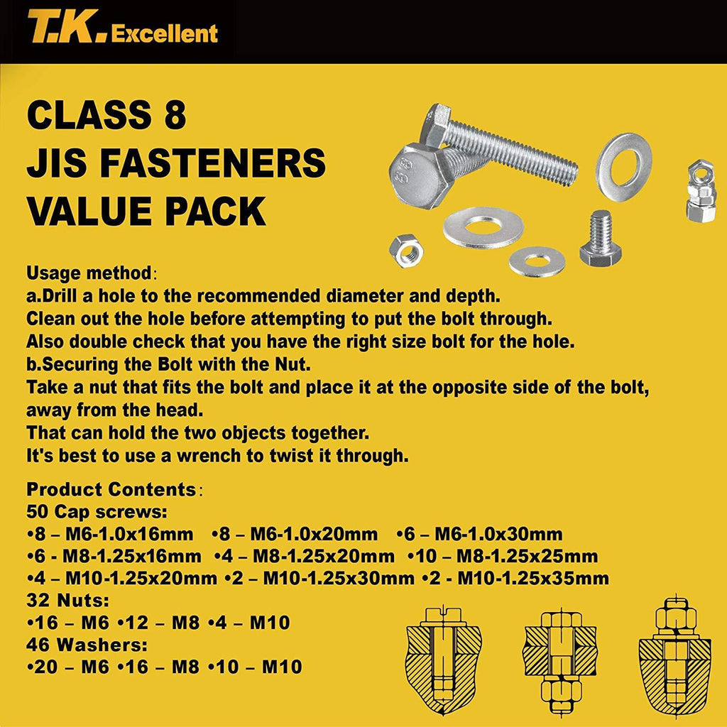 T.K.Excellent Hex Bolts M6 M8 M10 and Hex Nuts and Washers Set Kit,128 Pcs
