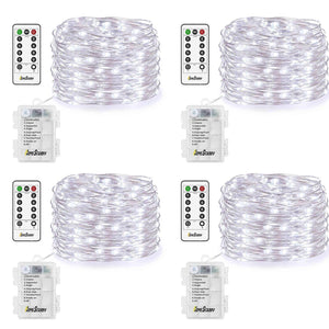 4 Pack Fairy Lights Fairy String Lights Battery Operated Waterproof 8 Modes Remote Control 50 Led String Lights 16.4ft Silver Wire Firefly lights for Bedroom Wedding Festival Decor (Cool White) ¡
