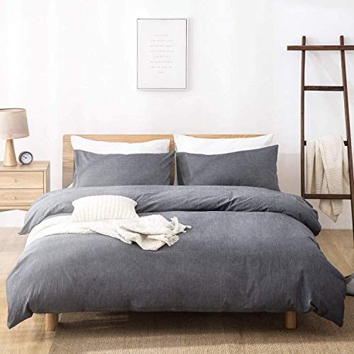 100% Washed Cotton Duvet Cover 3 Piece, Comforter Cover Queen Full Size, Solid Color and Ultra Soft with Zipper Closure, Corner Ties, Simple Bedding Style, Gray by SORMAG