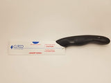 Model 1504 CUTCO Cheese Knife w/ 5.5" Micro-D® serrated edge blade & 5" black Soft Comfort-grip handle. Holes on blade’s surface helps cheese fall away during cutting.
