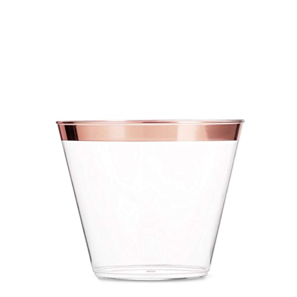100 Rose Gold Plastic Cups - 9 Oz Disposable Gold Rimmed Plastic Tumblers For Party Holiday Wedding and Occasions - Fancy Party Cups with Gold Rim by Party-Ca