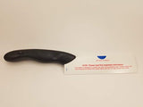 Model 1504 CUTCO Cheese Knife w/ 5.5" Micro-D® serrated edge blade & 5" black Soft Comfort-grip handle. Holes on blade’s surface helps cheese fall away during cutting.