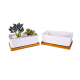 6.5 Inch Ceramic Rectangle Succulent Planter with Bamboo Saucer, Set of 2, White Modern Indoor Cactus/Flower Plant Pot with Drainage, Decoration for Desks/Bookshelves / Window Sills (A)