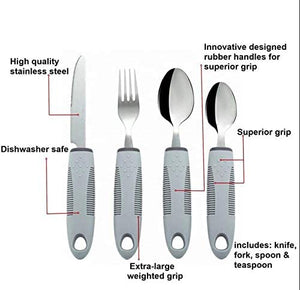 BunMo 4 Piece Cutlery Set Easy Grip Extra Thick Handles, Ideal Eating Aid for The Disabled, Elderly and Those with Limted Hand Movement or Tremors.