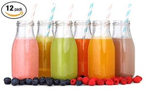12 Pack - 11 Oz Glass Milk Bottles, 24 Metal Twist Lids and 12 Colorful Paper Straws - Reusable Vintage Dairy Bottles- Milk Bottles for Parties, Weddings, BBQ, Picnics.