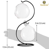 SunGrow 2 Glass Plant Terrarium Globes with Metal Stand - 13” Tall Black S-Hook Plant Stand from Includes Pair of 4.7” Crystal Clear Glass Vivariums - Opening of 2.4” for Small Air Plants & Cactus