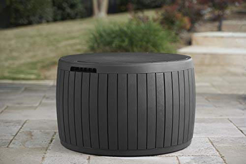 Keter Circa 37 Gallon Round Deck Box, Patio Table for Outdoor Cushion Storage, Brown