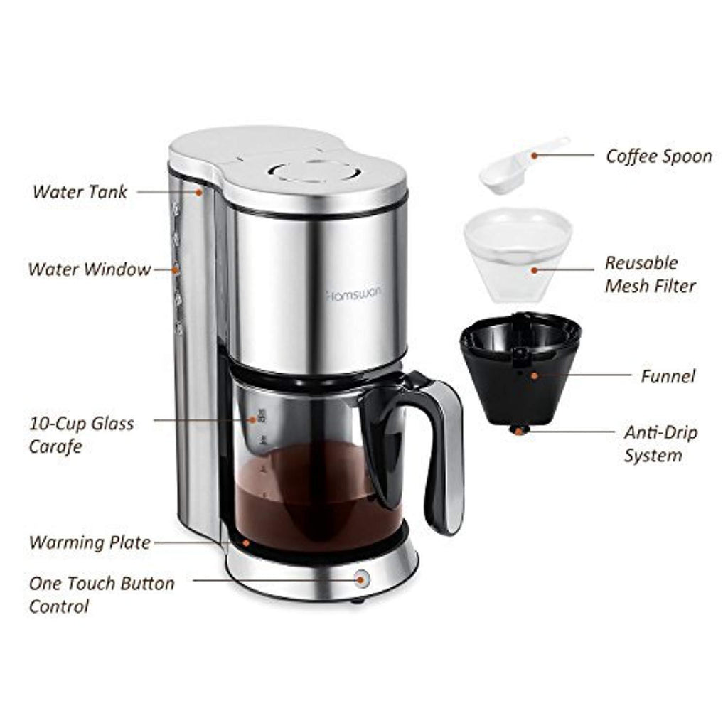 Drip Coffee Maker, HAMSWAN AD-103 Coffee Maker Coffee Pot, Small 10 Cup Coffee Machine with Glass Thermal Carafe, Insulated, Keep Warm, Automatic Shut Off for Single Serve & House Use