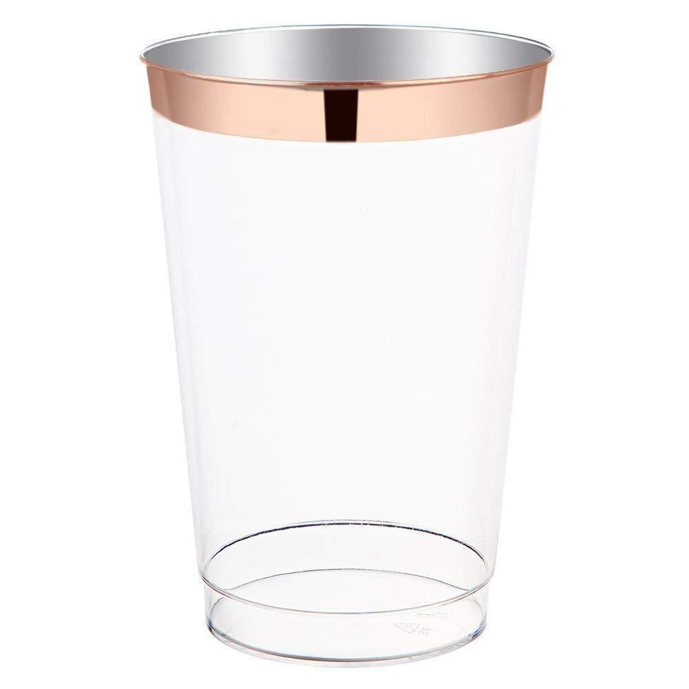 100 Count - 12 Oz Rose Gold Plastic Cups - Clear Plastic Tumblers, Fancy Wedding Cups, Premium Party Cups with Elegant Rim, Disposable Party Cups