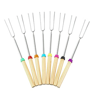 Sachelio Marshmallows BBQ Sticks Stainless Steel Retractable Wood Handle 32-inch Portable Barbecue fork（Set of 8）