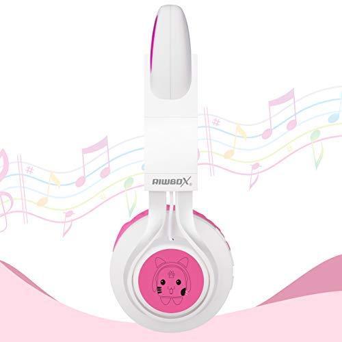 Bluetooth Headphones, Riwbox CT-7 Cat Ear LED Light Up Wireless Foldable Headphones Over Ear with Microphone and Volume Control for iPhone/iPad/Smartphones/Laptop/PC/TV (White&Pink)