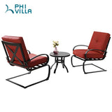 PHI VILLA Outdoor Springs Motion Chairs and Round Table Bistro Furniture Set with Red Cushioned Seats