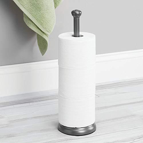mDesign Decorative Metal Free-Standing Toilet Paper Holder Stand with Storage for 3 Rolls of Toilet Tissue - for Bathroom/Powder Room - Holds Mega Rolls - Satin